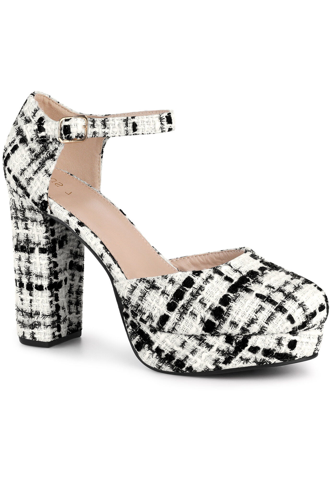 Round Toe Platform Tweed Chunky Heels Pumps, Black White / White, hi-res image number 0