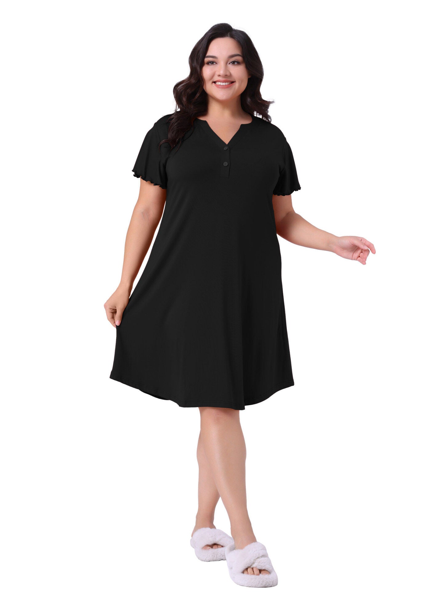 V Neck Nightshirt Ruffle Short Sleeve Loungewear, Black / Black, hi-res image number 0
