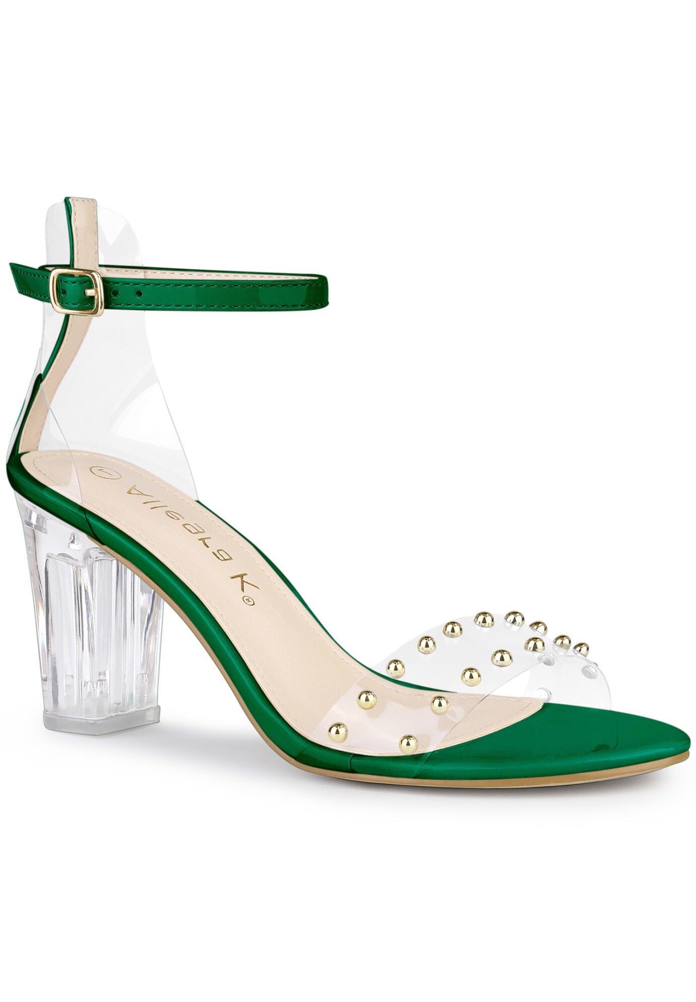 Clear Block Heel Ankle Strap Heeled Sandals, Green / Forest Green, hi-res image number 0