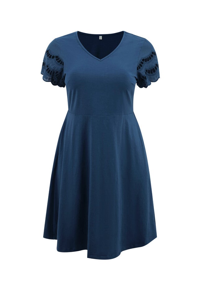 V Neck Embroidered Hollow Eyelet Short Sleeve Midi Casual Dress with Pockets, Navy Blue / Navy, alternate image number null