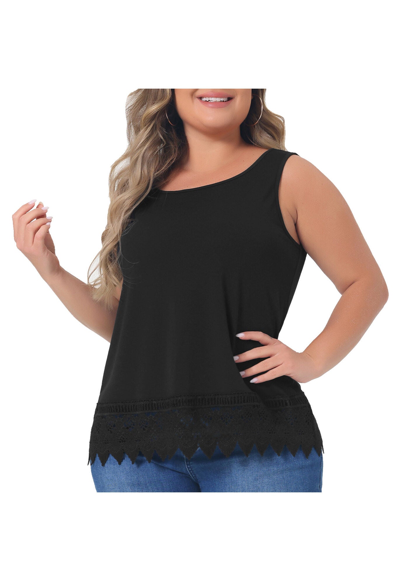 Round Neck Sleeveless Swing Lace Panel Flowy Top, Black / Black, alternate image number 1