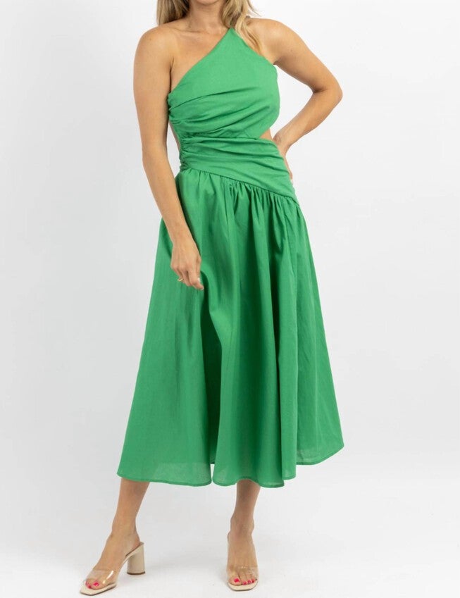 ASYMMETRIC RUCHE MIDI DRESS IN PALM GREEN, Palm Green / Light Green, alternate image number null