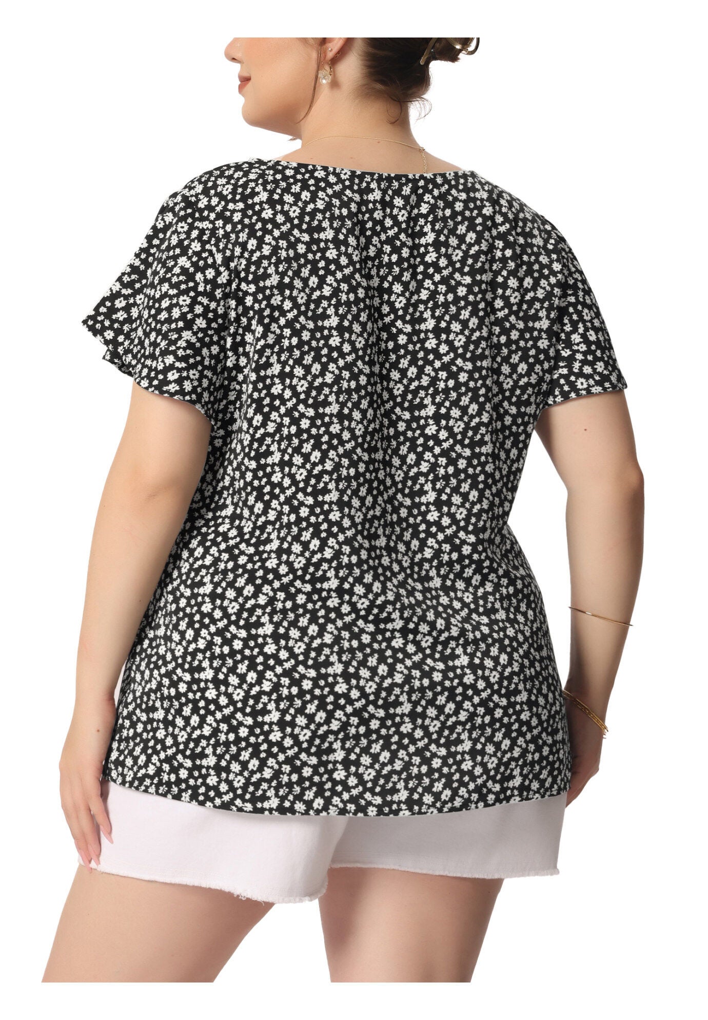 Flare Sleeve Round Neck Dense Floral Peplum Blouses, Black / Black, alternate image number 3