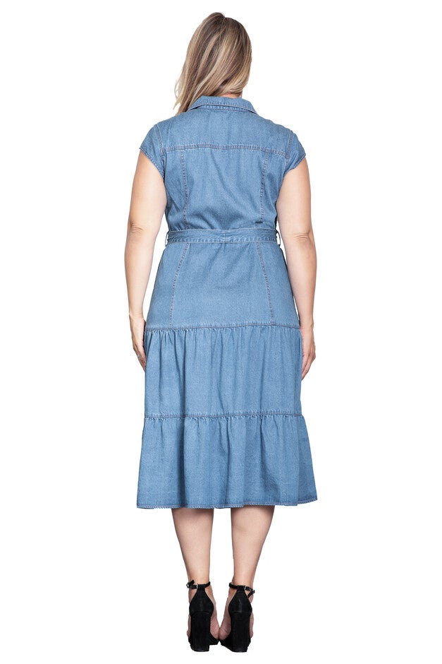 A-Line Tiered Denim Midi Dress, Blue Rinse / Light Blue, alternate image number 1