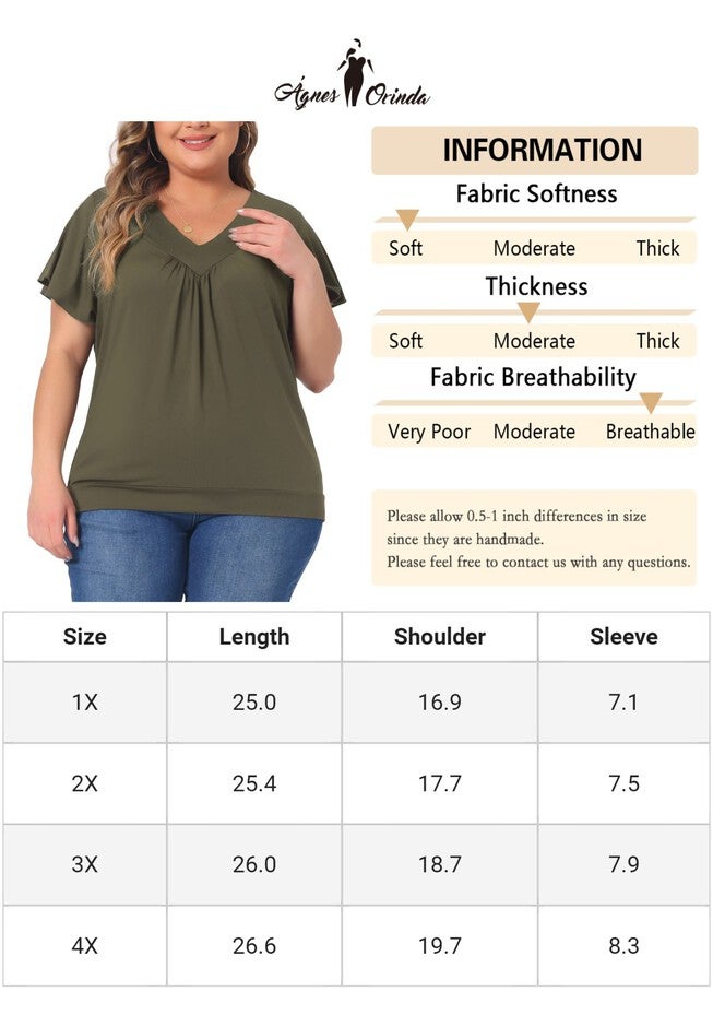 V Neck Ruffle Short Sleeve T-Shirt Top, Green / Olive Green, alternate image number null