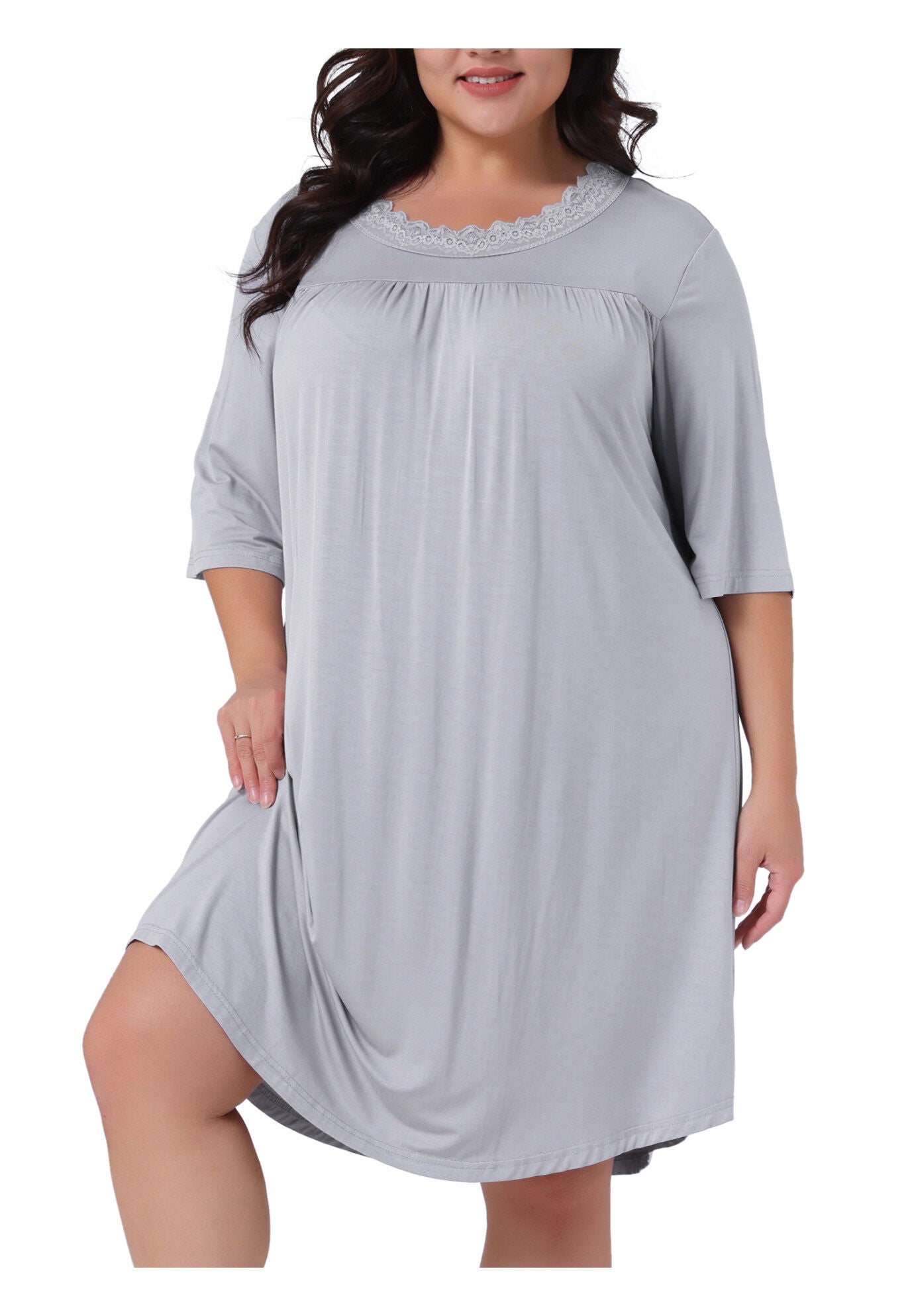 3/4 Sleeve Lace Pleated V Neck Sleepwear, Light Gray / Light Grey, alternate image number 2