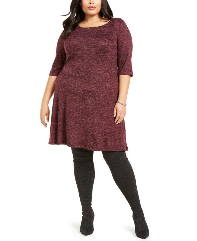 Connected Women's 3/4 Sleeve Plus Sweater Dress Purple Size 14W, Purple / Purple, hi-res image number 0