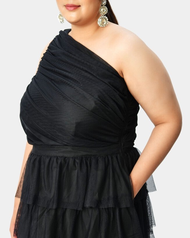 One-shoulder ruffle tier tulle maxi dress | Dia & Co One-shoulder ruffle tier tulle maxi dress | Dia & Co