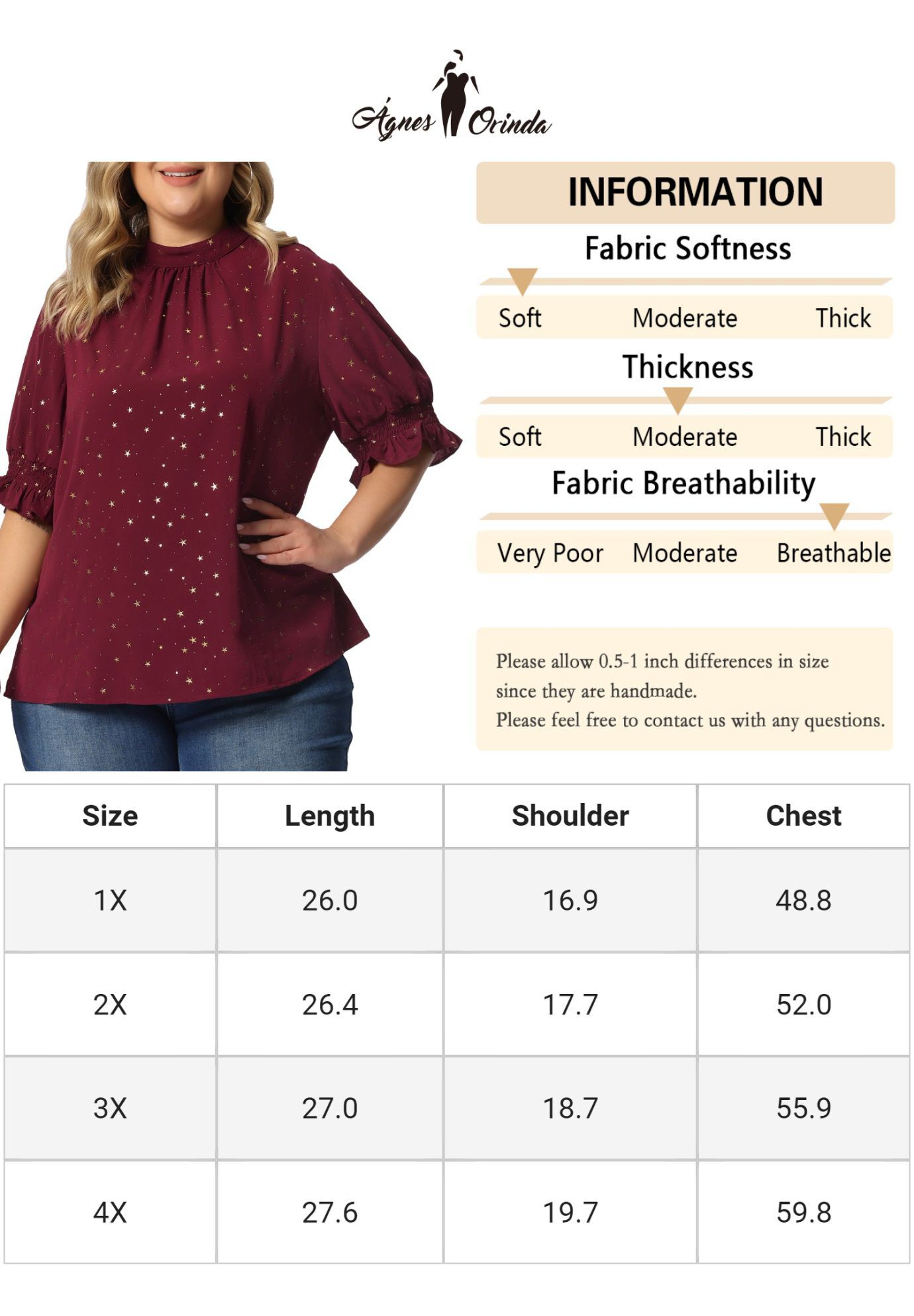 Pleated Mock Neck Star Print Puff Sleeve Blouse Top, Red / Red, alternate image number 4