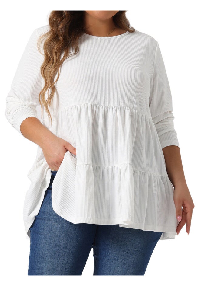 Babydoll Loose Peplum Top Blouse Tunic, White / White, alternate image number 1