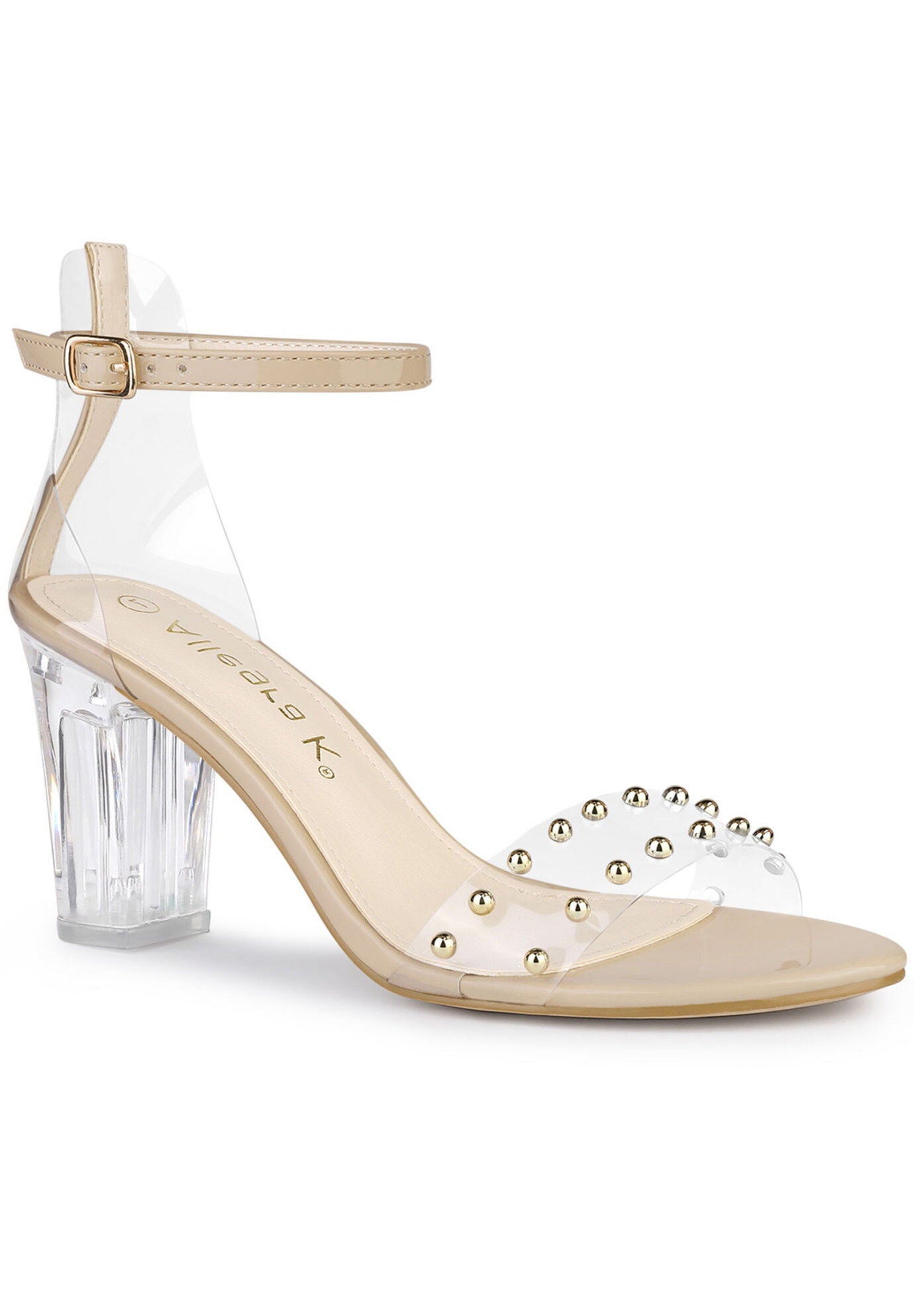 Clear Block Heel Ankle Strap Heeled Sandals, Nude / Beige, hi-res image number 0