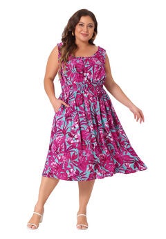 Square Neck Sleeveless Floral Flowy Stretchy Waist Midi Summer Dress