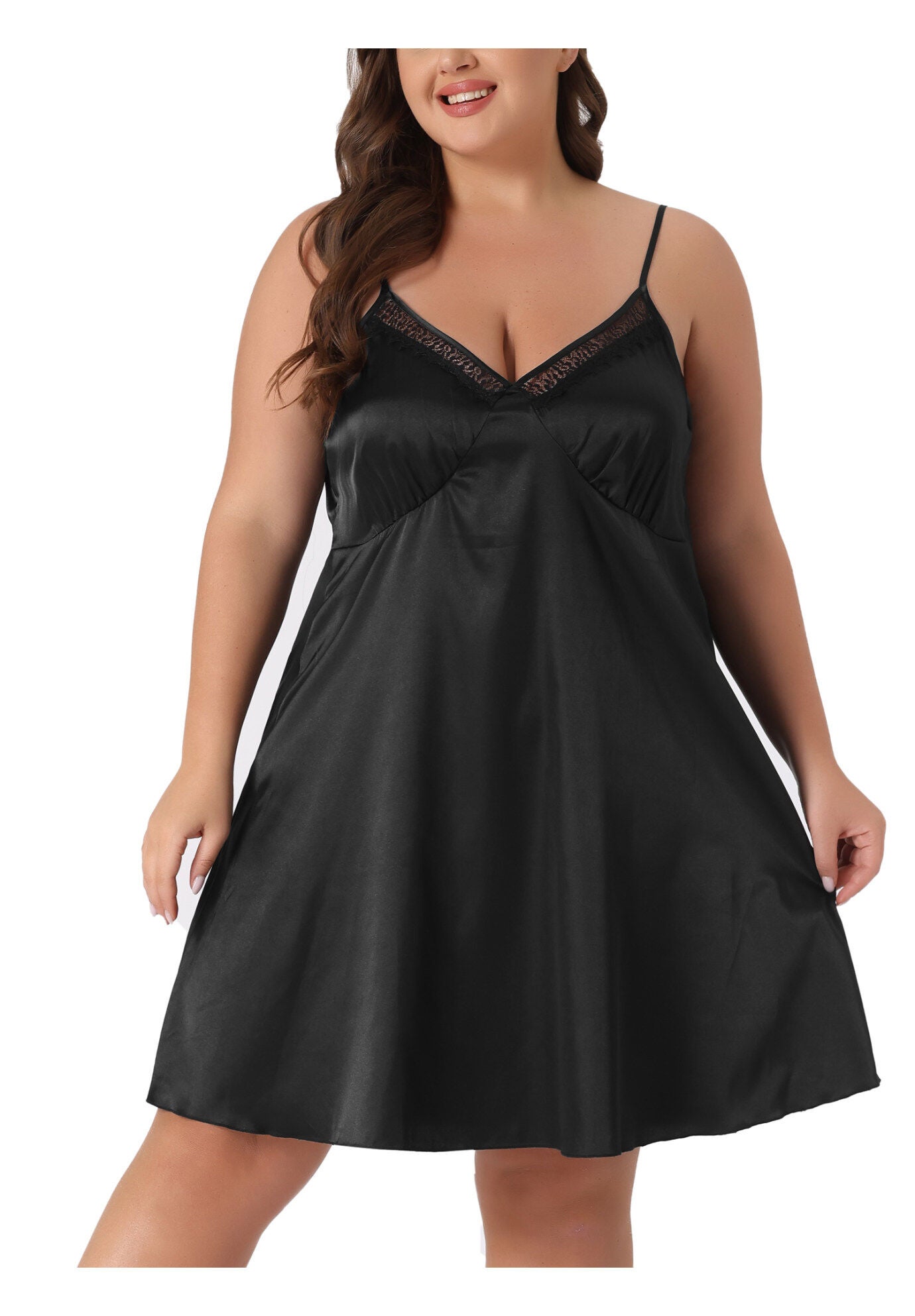 SATIN LACE CHEMISE NIGHTGOWN LINGERIE V-NECK CAMI SLEEVELESS DRESS SLEEPWEAR, Black / Black, alternate image number 1
