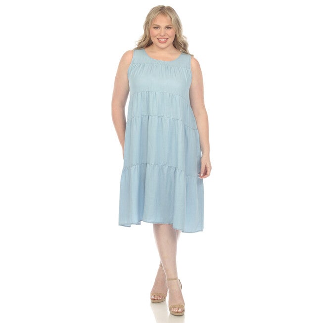 Sleeveless Tiered Chambray Midi Dress, Denim Blue / Chambray Denim Medium, alternate image number null