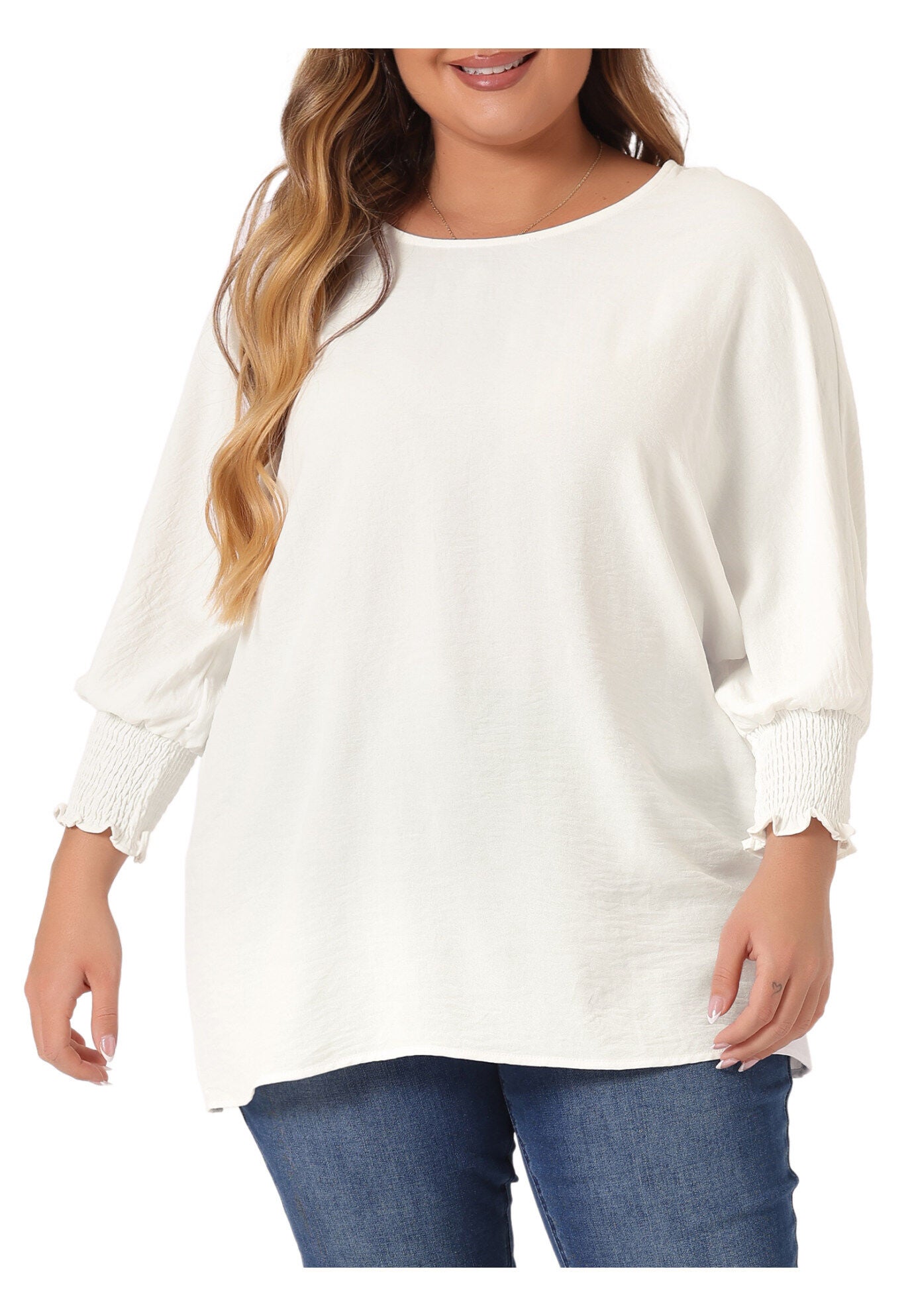 Chiffon Top Batwing Ruffle Long Sleeve Loose T-Shirt Blouse, White / White, alternate image number 1