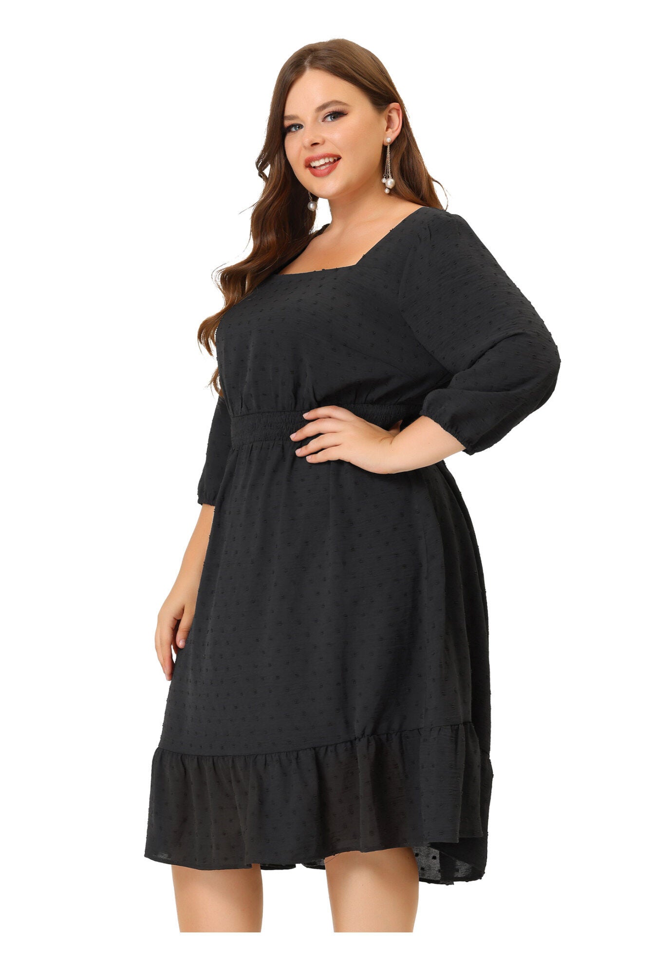 Swiss Dots Bohemian Square Neck Midi Chiffon Dress, Black / Black, hi-res image number 0