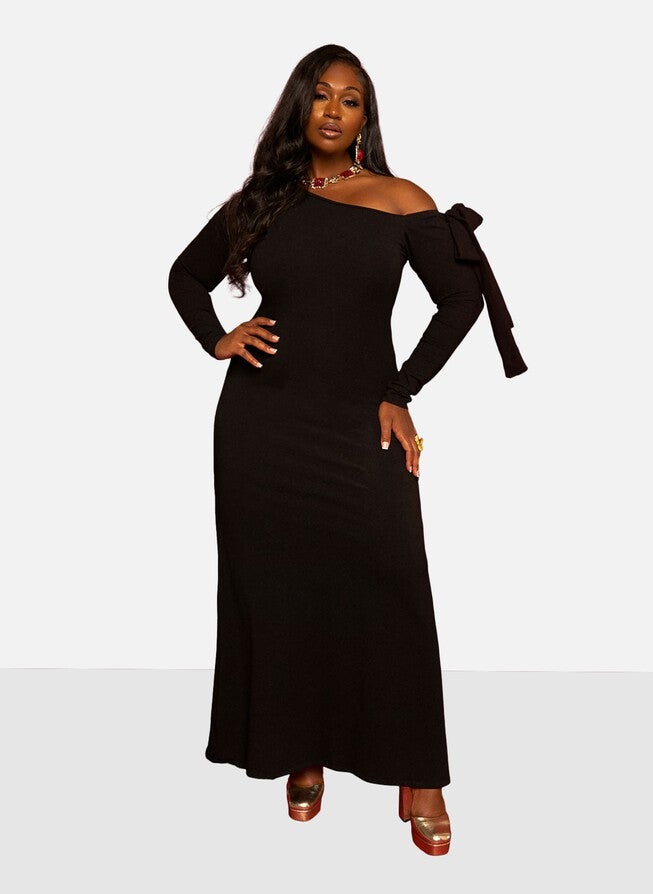Meira Bow Detail Maxi Slip Dress, Black / Black, alternate image number null