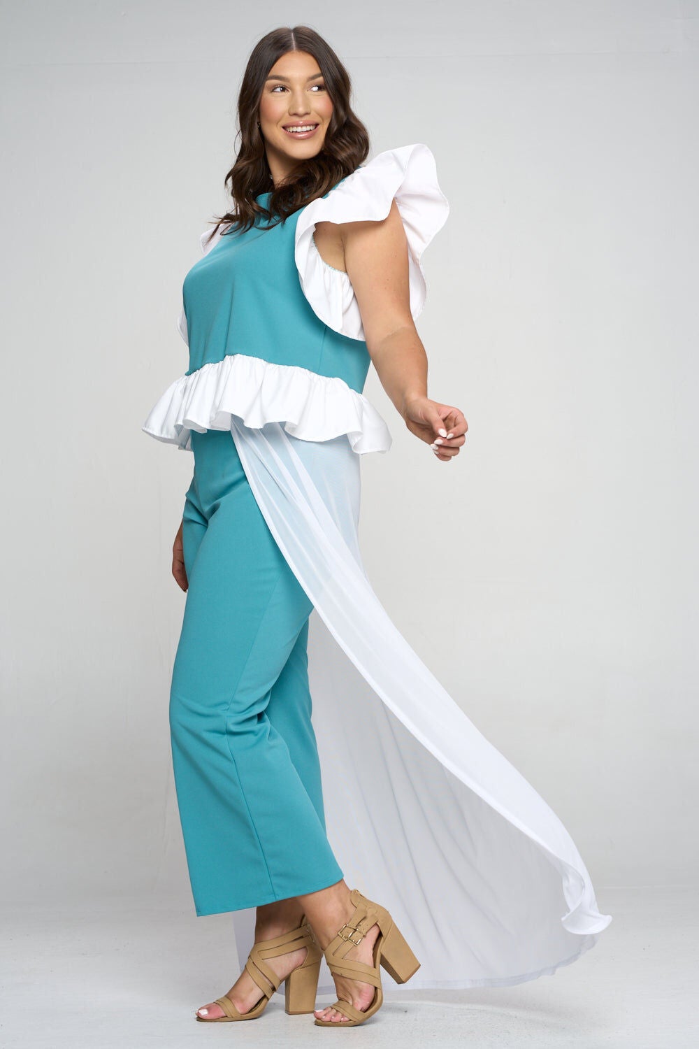 RUFFLED BABYDOLL PEPLUM TOP, Seafoam and White / Light Blue, alternate image number 2