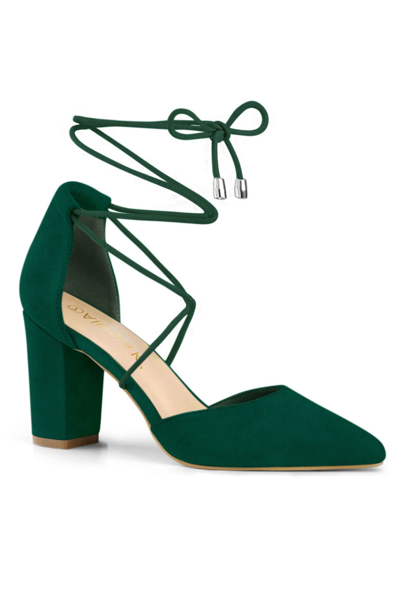 Pointed Toe Chunky Heels Lace Up Sandals Pumps, Dark Green / Forest Green, hi-res image number 0