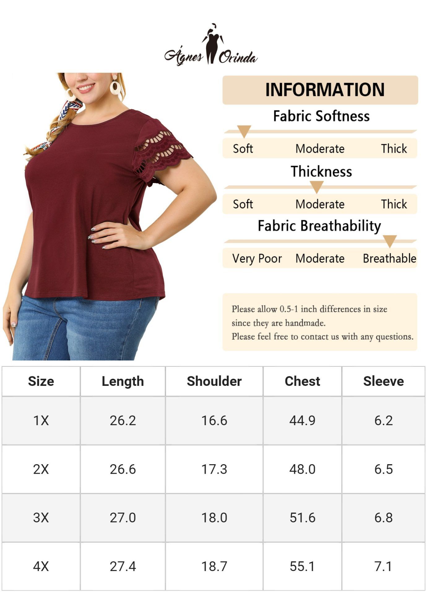 Lace Panel Hollow Short Sleeve Summer Blouse, Wine Red / Burgundy, alternate image number 4