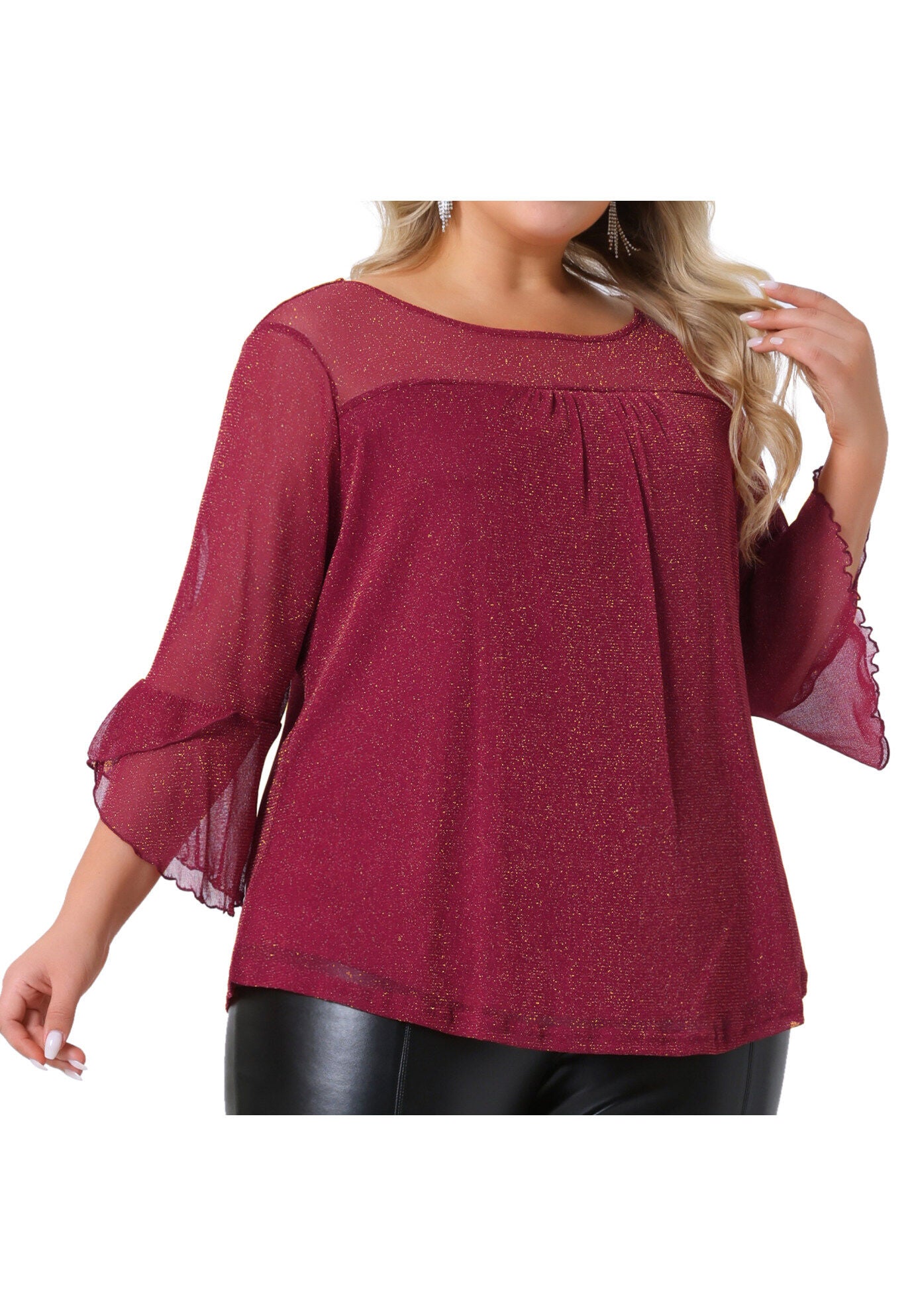 Ruffle 3/4 Sleeve Double Layers Glitter Mesh Top, Red / Red, alternate image number 1