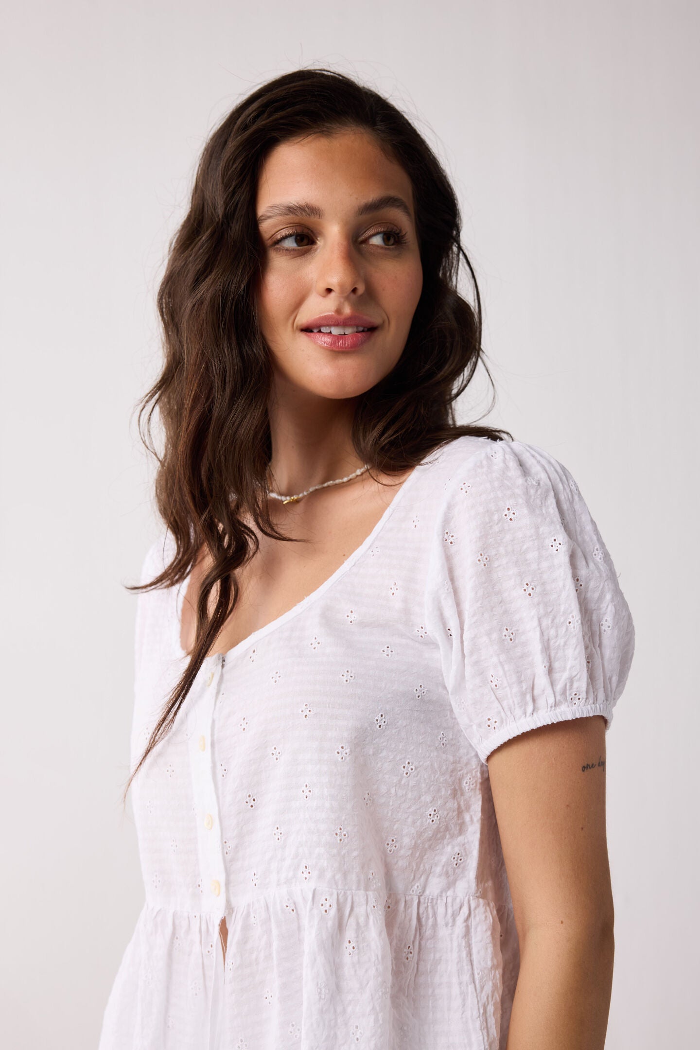 Embroidered Peplum Top with Puff Sleeves in White, Textured Eyelet in White / White, alternate image number 6