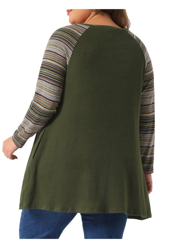Raglan Color Block Knit Pullover Shirt Tunic Top with Pockets, Army Green / Sage Green, alternate image number 3