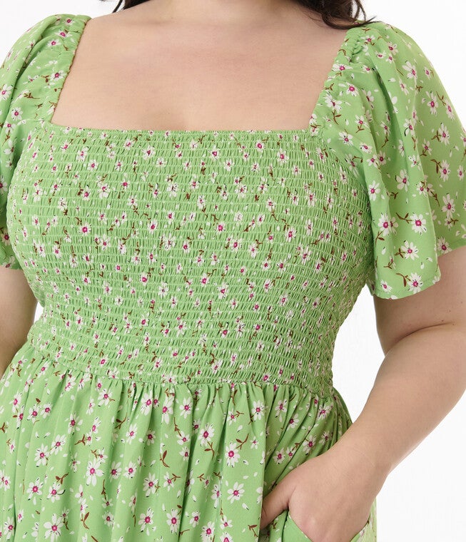 Unique Vintage Plus Size Green & White Ditsy Floral Smocked Bodice Midi Dress, Kelly Green / Kelly Green, alternate image number 1