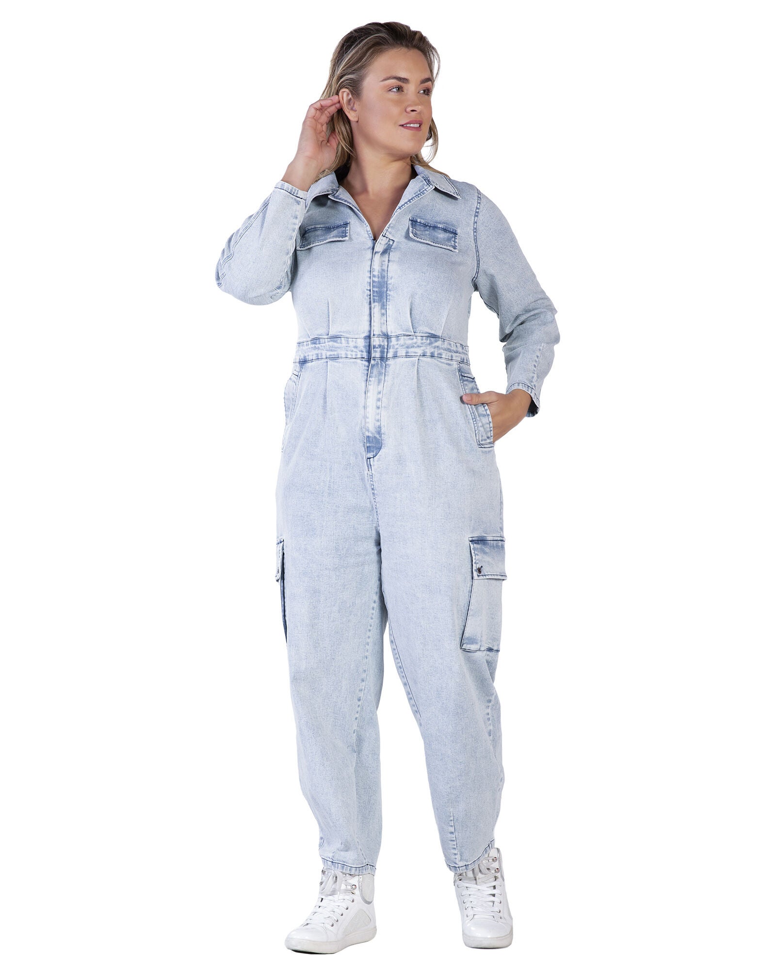 Portia Women&#39;s Long Plus Size Sleeves Denim Cargo Jumpsuit, Bleached Blue / Light Wash, hi-res image number 0