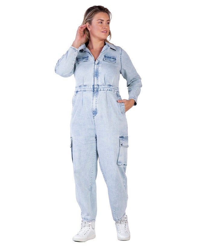 Portia Women's Long Plus Size Sleeves Denim Cargo Jumpsuit, Bleached Blue / Light Wash, hi-res image number 0