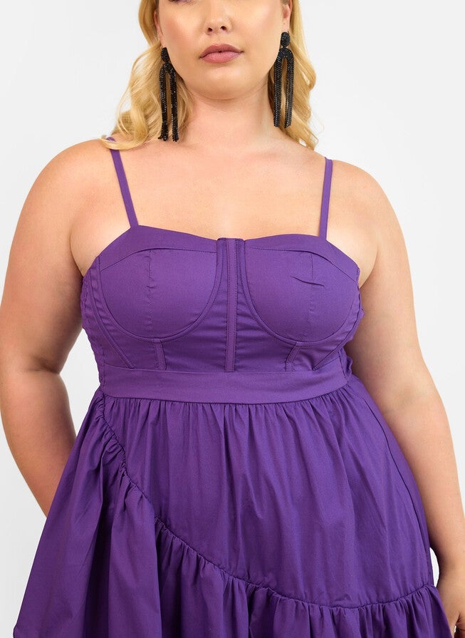 VIOLETTE POPLIN CORSET RUFFLE MAXI A LINE DRESS - PLUM, Purple / Purple, alternate image number 3