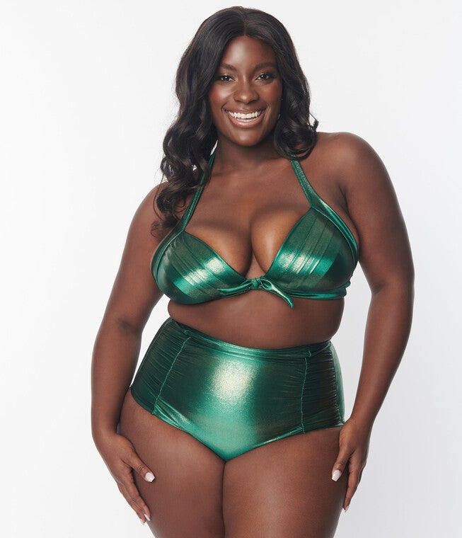 Unique Vintage Metallic Emerald Monroe Halter Swim Top, Metallic Emerald / Forest Green, hi-res image number 0