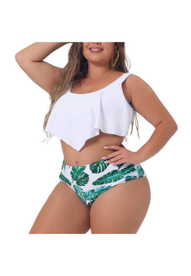 Bikini Swimsuit V Neck Floral Ruffles Tank Top Tankini 2 Piece, White / White, alternate image number 1