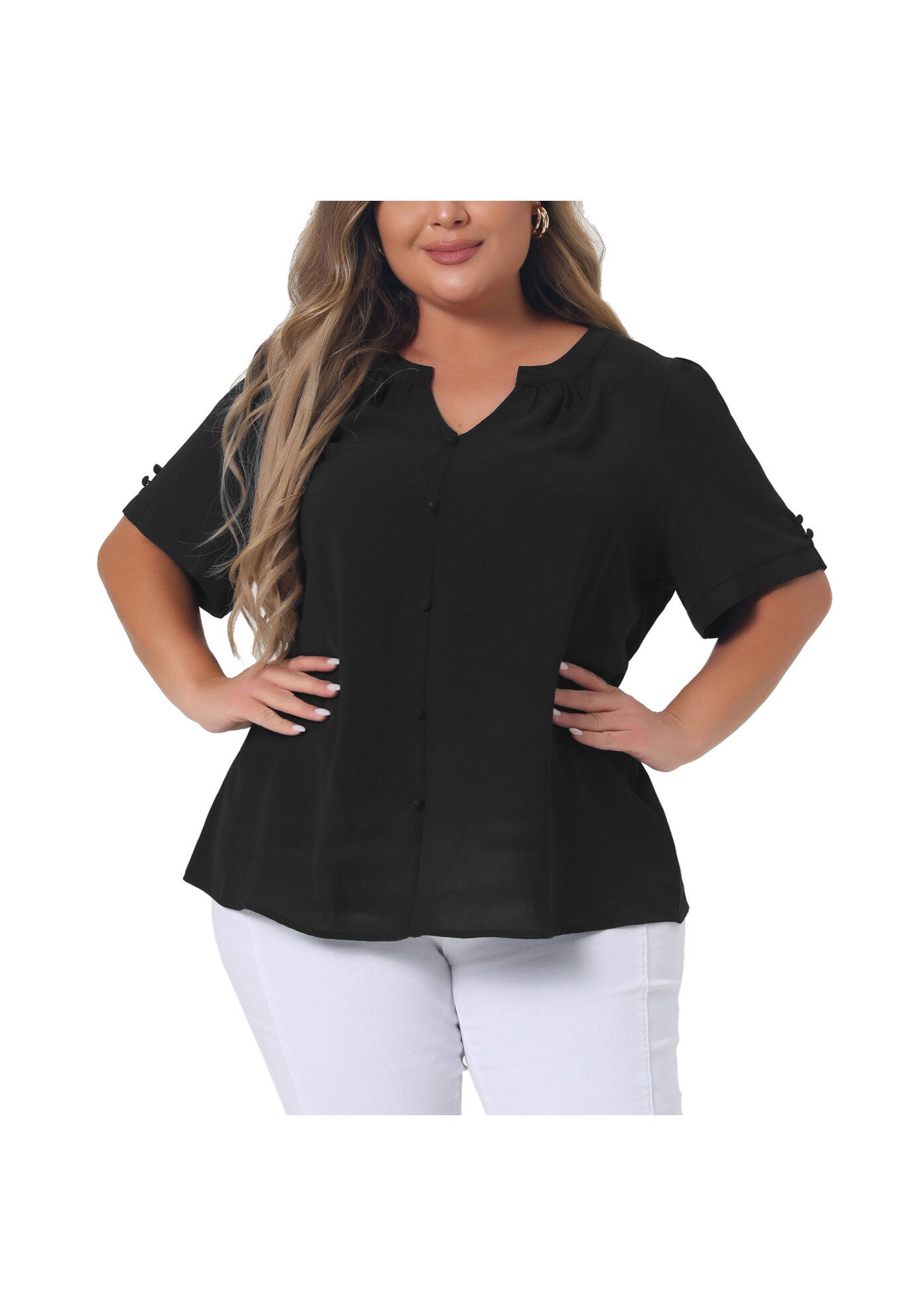 Ruched V Neck Short Sleeve Shirt, Black / Black, alternate image number 3