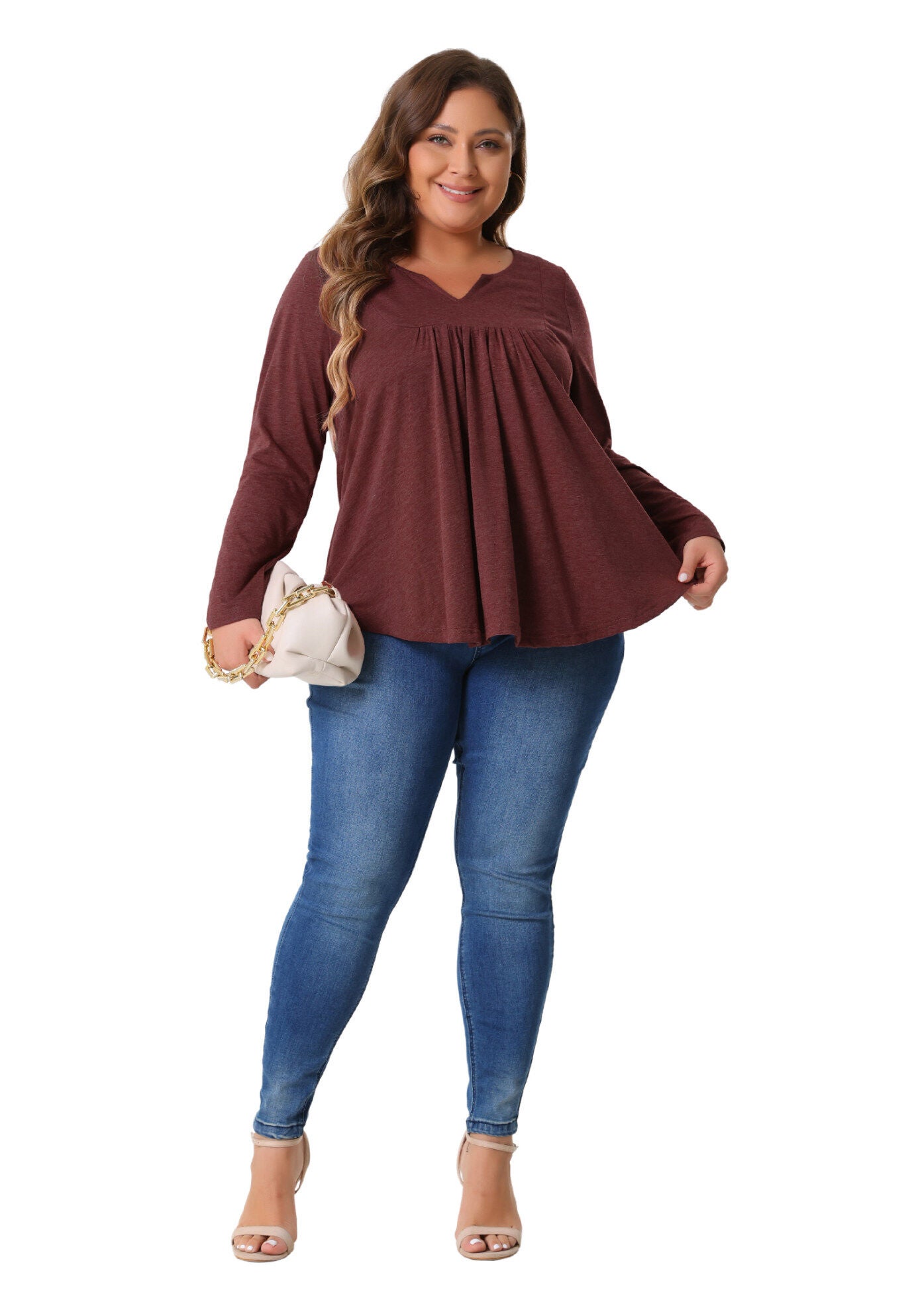 Notched Neck Long Sleeve Front Pleated Blouse, Burgundy / Burgundy, hi-res image number 0