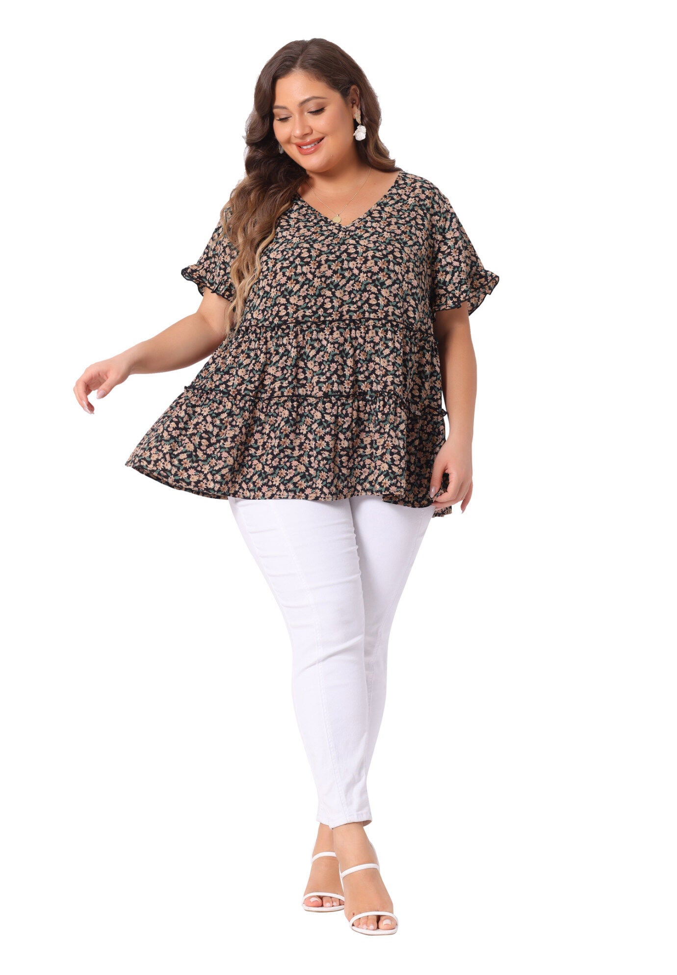 Floral Print V Neck Ruffles Sleeve Tiered Babydoll Blouse, Black Beige / Beige, hi-res image number 0