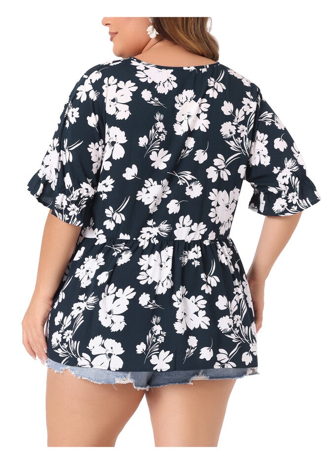 Floral Peplum Top V Neck Ruffle Short Sleeve Babydoll Blouse, Navy Blue / Navy, alternate image number null