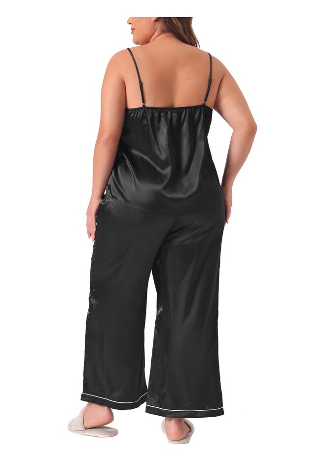 Satin Pajama Set 2 Piece Cami Top and Pants with Pockets, Black / Black, alternate image number null