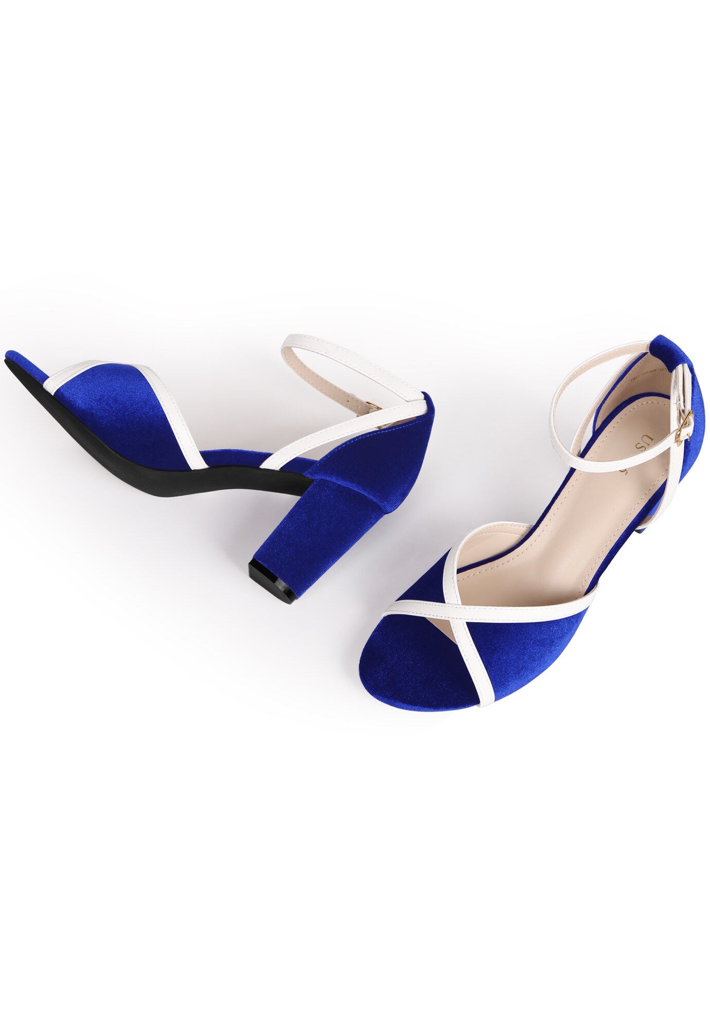 Velvet Open Toe Ankle Strap Chunky Heel Sandals, Royal Blue / Royal Blue, alternate image number 2