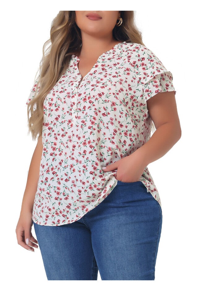 Floral Ruffle Trim V Neck Layered Sleeve Blouse, Pink White / White, alternate image number 1