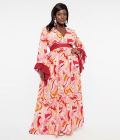 Unique Vintage 1960s Pink & Red Psychedelic Floral Maxi Dress