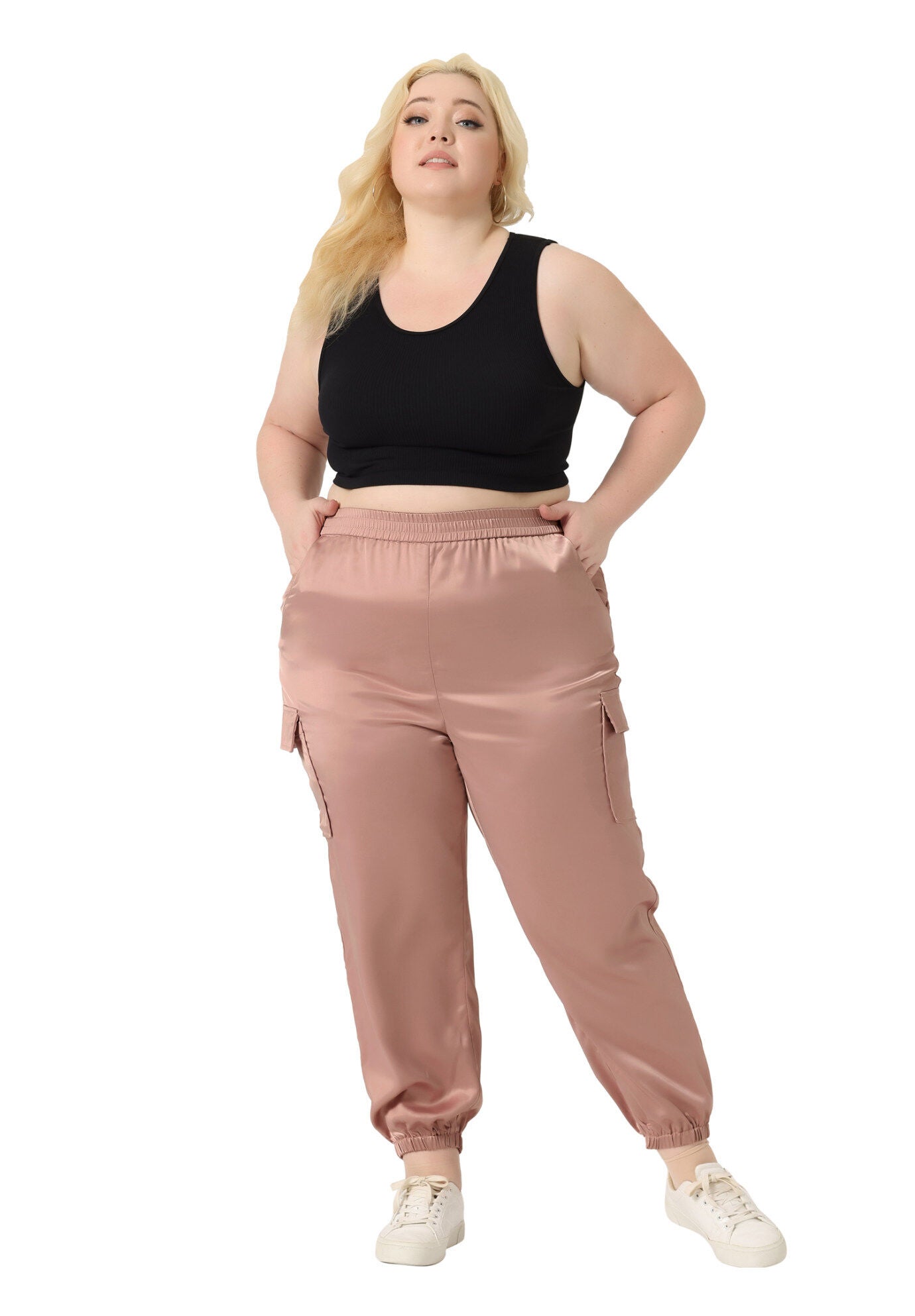 SATIN JOGGERS ELASTIC WAIST ATHLEISURE ANKLE LENGTH CARGO PANTS, Pink / Pink, hi-res image number 0