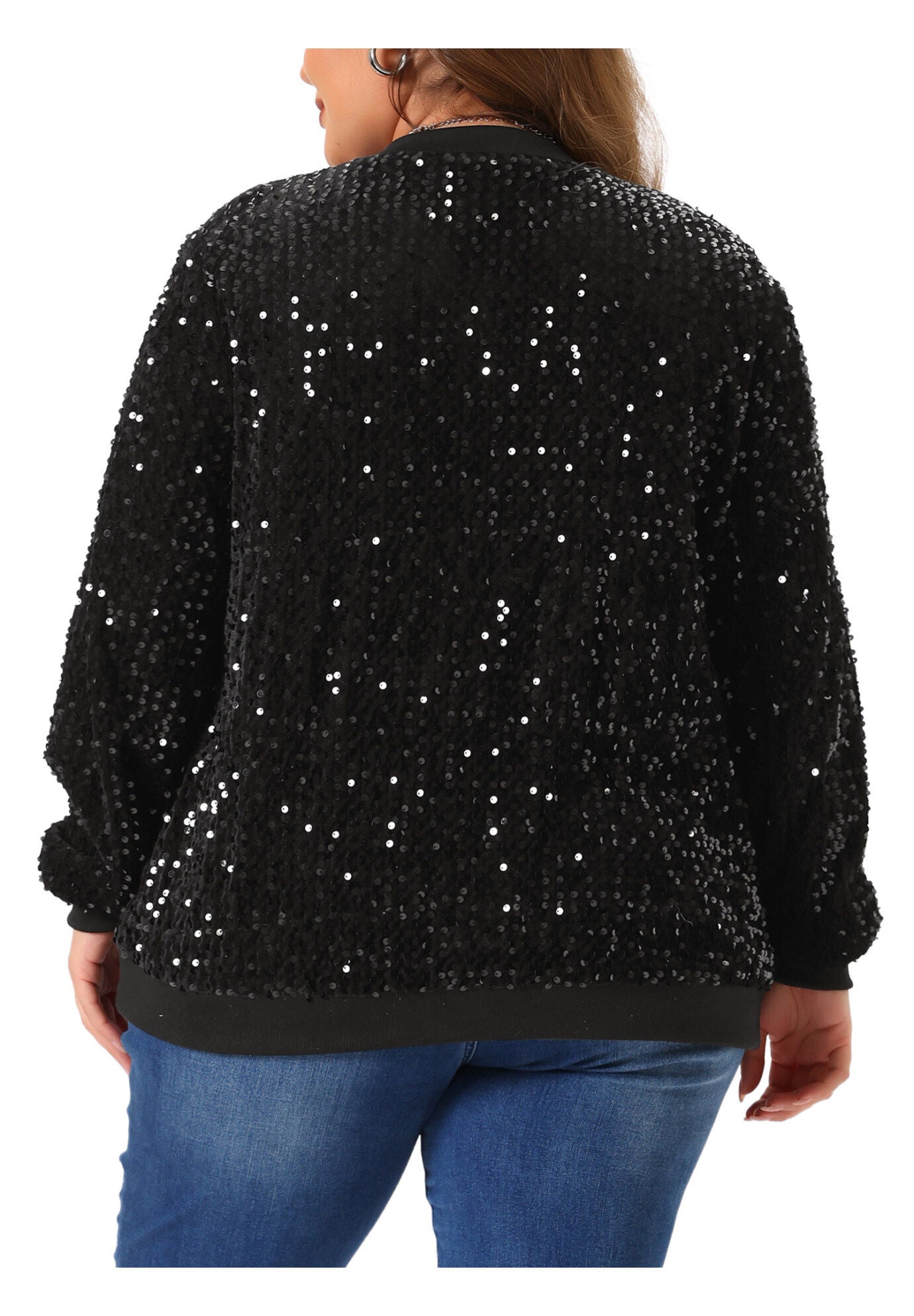 SEQUIN SPARKLE FRONT ZIP BOMBER JACKET, Black / Black, alternate image number 3