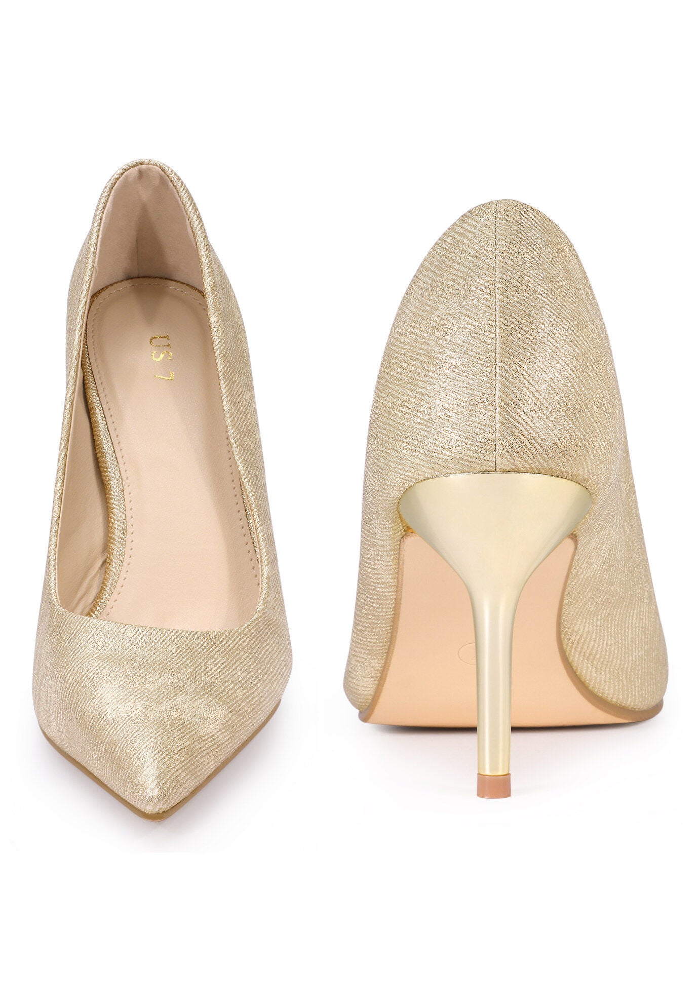 Pointed Toe Stiletto Slip on Pumps Wedding Dress Shoes, Gold / Gold, alternate image number 1