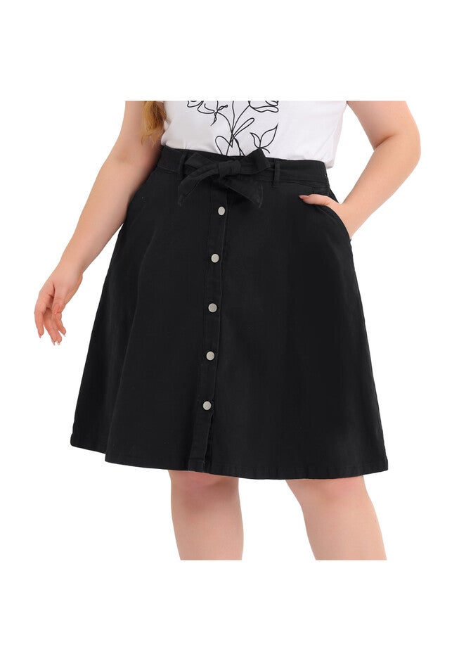 TIE WAIST A-LINE MIDI JEANS DENIM SKIRT, Black / Black, alternate image number 4
