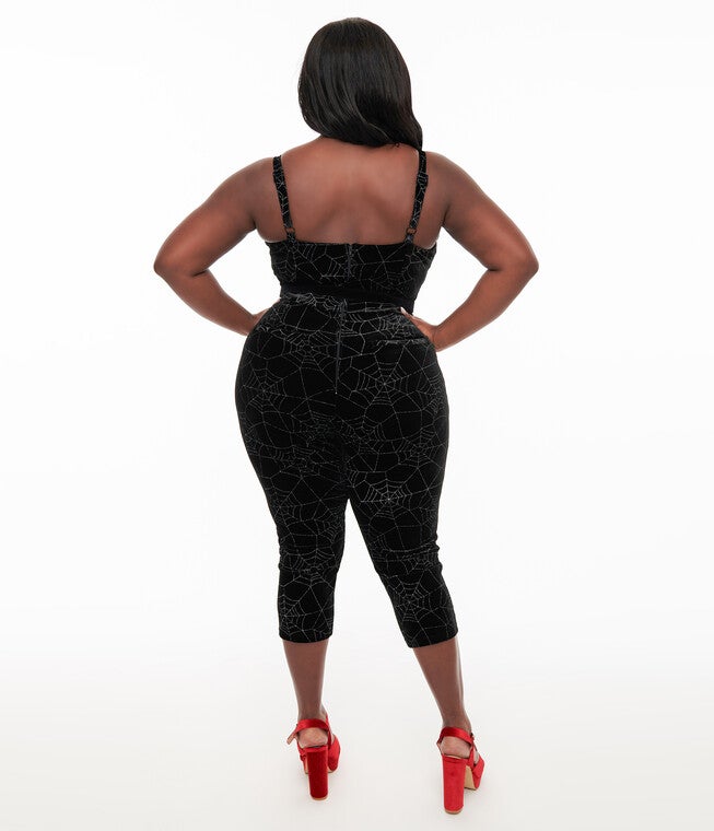 1950s Black Velvet & Silver Web Cropped Jumpsuit, Black Silver / Black, alternate image number 2