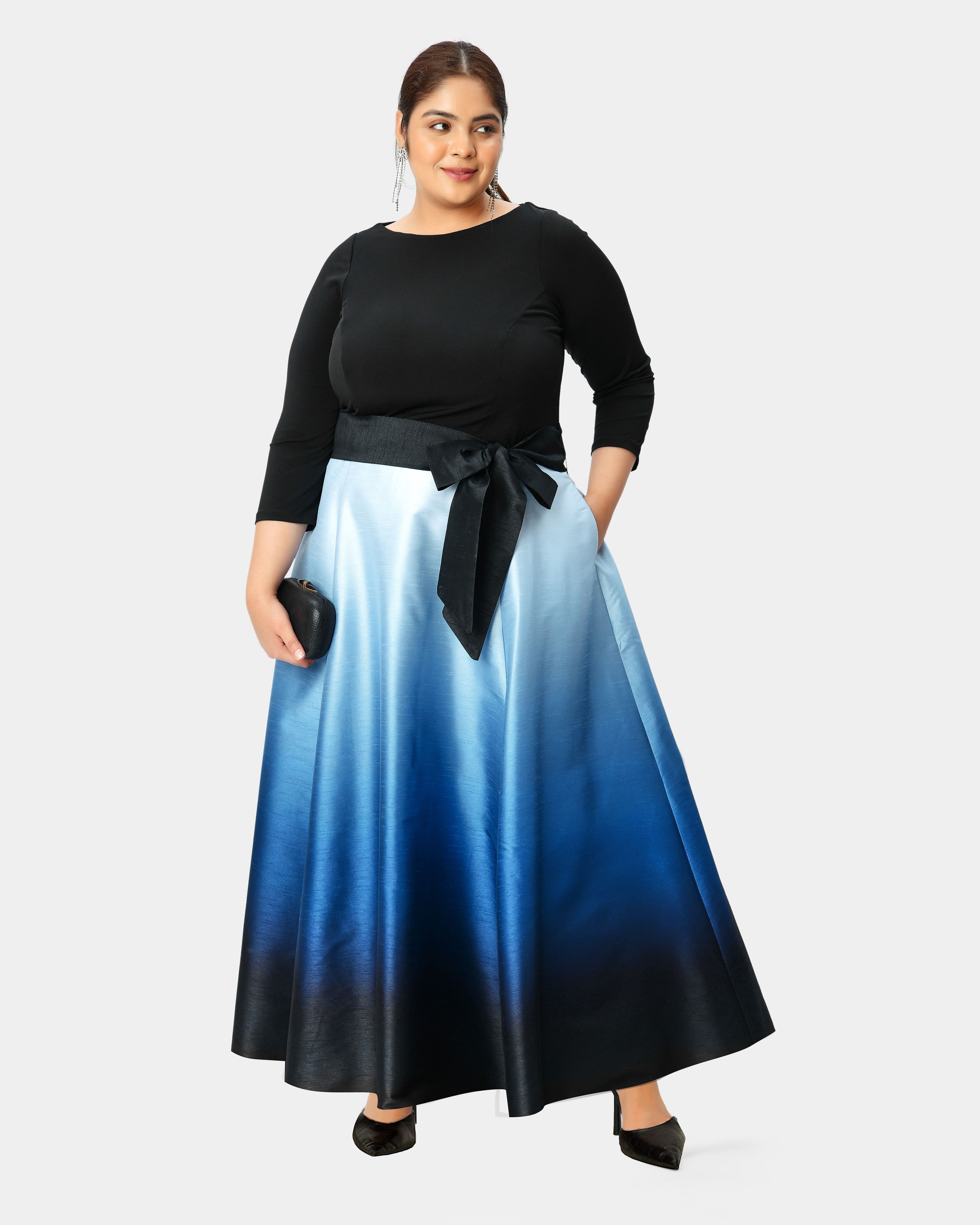 Jersey knit and ombre print dupioni boatneck maxi dress, Blue / Black, hi-res image number 0