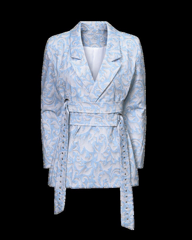 Twill Printed Double Belted Boyfriend Blazer, Blue / Light Blue, alternate image number 1