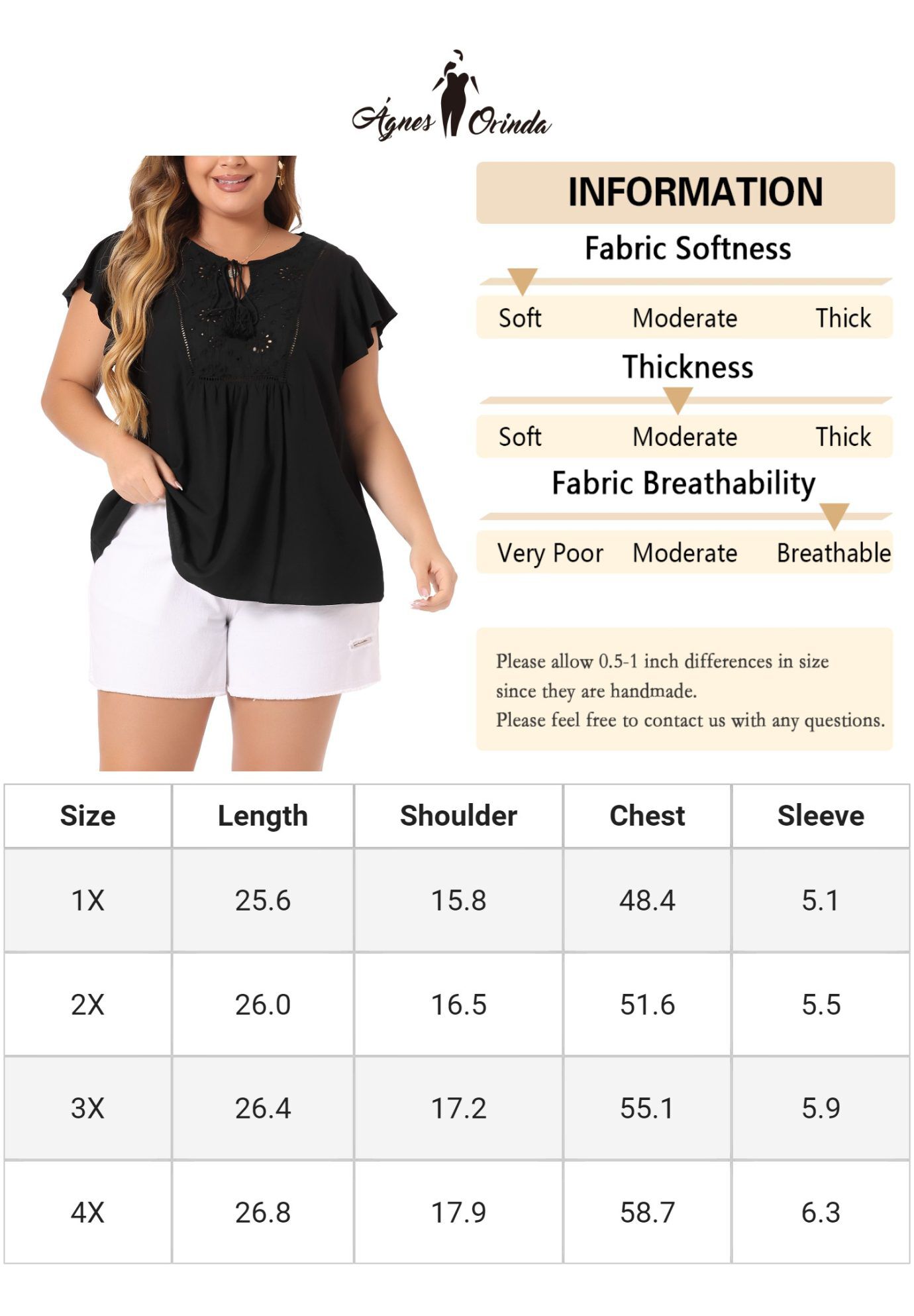 Ruffle Sleeve Peasant Tie Neck Boho Top Summer Blouse, Black / Black, alternate image number 4