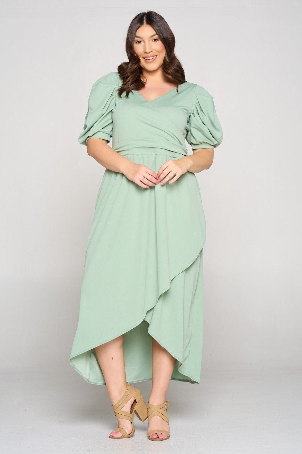 PUFF SLEEVE TULIP WRAP DRESS, Sage / Sage Green, alternate image number 2